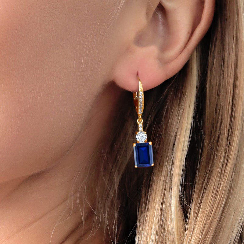 Gem Stone King 4-5 Cttw Leverback Drop Dangle Earrings For Women | 18K Yellow Gold Plated Silver | Emerald Cut 9X7MM Gemstone Birthstone | Fine Jewelry Gifts for Her Mom Anniversary Wedding - Image 4